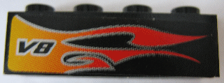 Lego Brick 1 x 4 with Flame and V8 Left Pattern (Sticker) - Set 8643 / Black