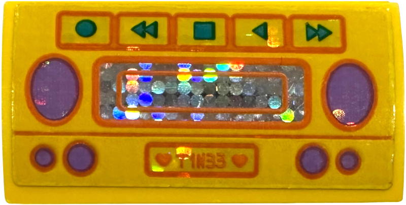 Lego Slope, Curved 2 x 4 x 2/3 with Bottom Tubes with Boombox with Buttons, Medium Lavender Speakers, Holographic Mirrored Center Panel and Orange 'T1N33' Pattern (Sticker) - Set 41255
