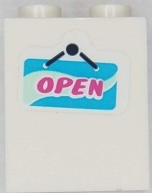 Lego Brick 1 x 2 x 2 with Inside Stud Holder with Dark Pink 'OPEN' on Medium Azure and Light Aqua Sign Pattern (Sticker) - Set 41430