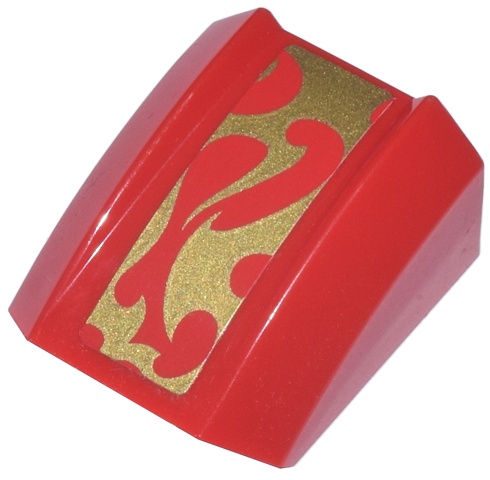 Lego Slope, Curved 2 x 2 Lip with Gold Flames Bottom Half Pattern (Sticker) - Set 70500 / Red