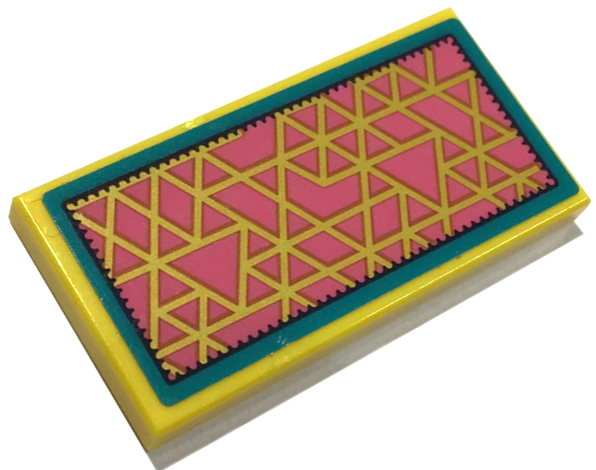 Lego Tile 2 x 4 with Rug with Dark Pink Triangles, Gold Outlines and Dark Turquoise Border Pattern (Sticker) - Set 41392 / Yellow