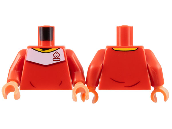 Lego Torso Soccer Uniform, Yellow Collar, White Shoulder Panel, Dark Red Dice Logo Pattern / Red Arms / Nougat Hands