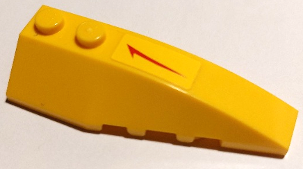 Lego Wedge 6 x 2 Right with Red Swoosh with Tick Pointing Towards Sloped Side Pattern (Sticker) - Sets 7660 / 7877 / Yellow