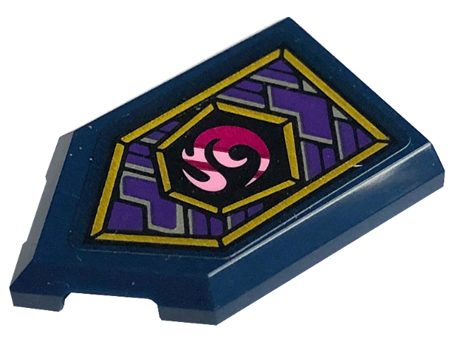 Lego Tile, Modified 2 x 3 Pentagonal with Dark Purple Plates, Gold Frame, Magenta and Bright Pink Curly Symbol Pattern (Sticker) - Set 71771 / Dark Blue