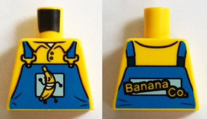 Lego Torso Overalls Blue with Running Banana and 'Banana Co.' on Reverse Pattern / Yellow