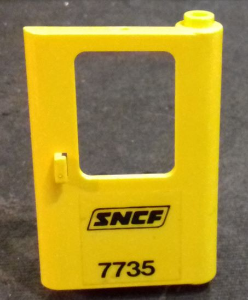 Lego Door 1 x 4 x 5 Train Right, Thin Support at Bottom with Black 'SNCF 7735' Pattern (Sticker) - Set 7735 / Yellow