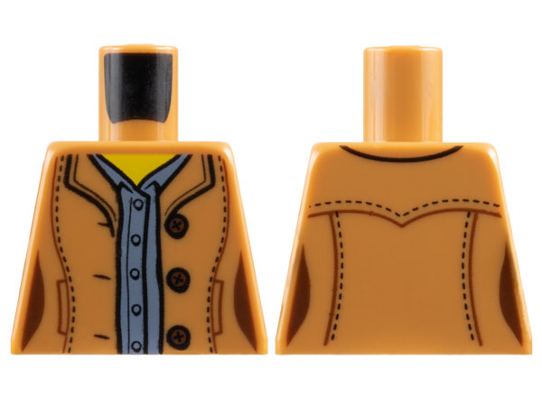 Lego Torso Female Jacket Open with 3 Buttons over Sand Blue Shirt, Yellow Neck Pattern / Medium Nougat