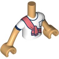 Lego Minidoll Torso Boy with Medium Brown Arms and Hands with White Shirt, Dark Blue trim, Coral Scarf print / Warm Tan