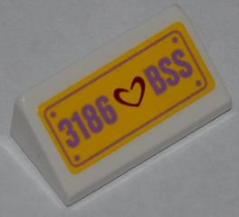 Lego Slope 30 1 x 2 x 2/3 with Dark Red Heart and '3186 BSS' Pattern (Sticker) - Set 3186