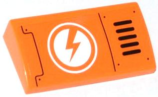 Lego Slope, Curved 2 x 4 x 2/3 with Bottom Tubes with Lightning Bolt in Circle and Horizontal Grille Pattern Model Right (Sticker) - Set 70705