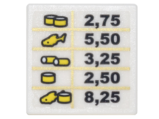 Lego Road Sign 2 x 2 Square with Open O Clip with Price Sign with Gold Grid Lines, Sushi Rolls, Fish and Black Numbers Pattern (Sticker) - Set 70620