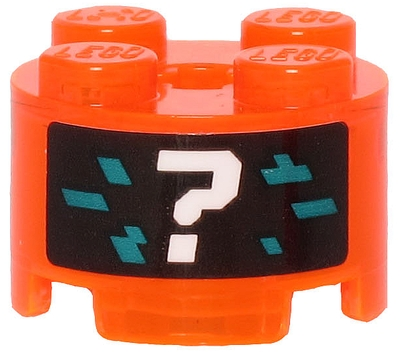 Lego Brick, Round 2 x 2 with Axle Hole with White Question Mark and Dark Turquoise Pixels on Black Background Pattern (Sticker) - Set 71713