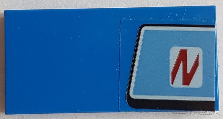 Lego Tile 2 x 4 with Slanted Red Letter N in White Rounded Rectangle on Medium Blue Background Pattern (Sticker) - Set 76082