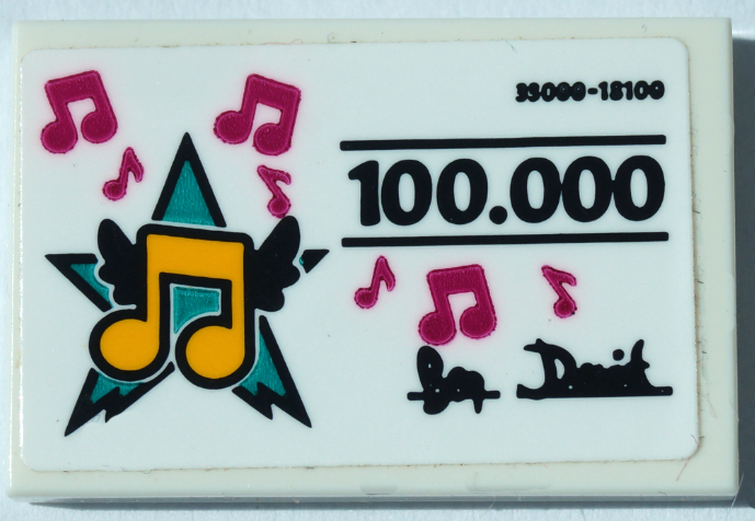 Lego Tile 2 x 3 with Magenta and Bright Light Orange Music Notes with Black Wings, Black 100.000 and Signature Pattern (Sticker) - Set 41368