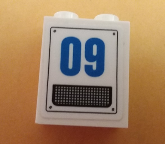 Lego Brick 1 x 2 x 2 with Inside Stud Holder with Blue '09' and Grille Pattern (Sticker) - Set 60167 / White