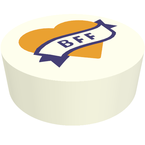 Lego Tile Round 1 x 1 with Dark Purple Banner 'BFF' on Bright Light Orange Heart