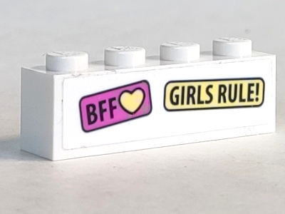 Lego Brick 1 x 4 with 'BFF' Yellow Heart and 'GIRLS RULE!' Pattern (Sticker) - Set 41333