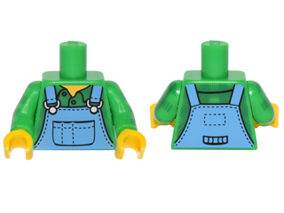 Lego Torso Medium Blue Overalls over Plaid Shirt with Buttons and Collar Pattern / Bright Green Arms with Green Plaid Pattern / Yellow Hands