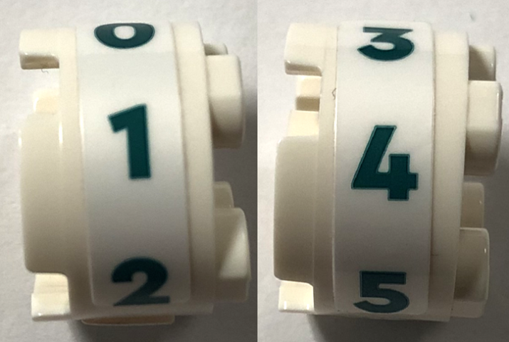 Lego Brick, Round 2 x 2 with Axle Hole with Dark Turquoise Numbers 0, 1, 2, 3, 4 and 5 Pattern Model Left Side (Stickers) - Set 41744 / White