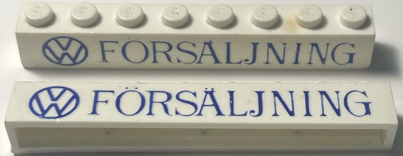 Lego Brick 1 x 8 without Bottom Tubes with Cross Side Supports with Blue Volkswagen Logo 'VW FÖRSÄLJNING' Serif Thin Pattern {FORSALJNING}