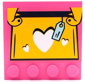 Lego Tile, Modified 4 x 4 with Studs on Edge with Yellow and Black Handbag with White Hearts and Light Aqua Price Tag Pattern (Sticker) - Set 41450