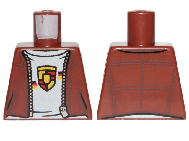 Lego Torso Speed Champions Jacket with Zipper, White Shirt and Porsche Logo Pattern / Reddish Brown