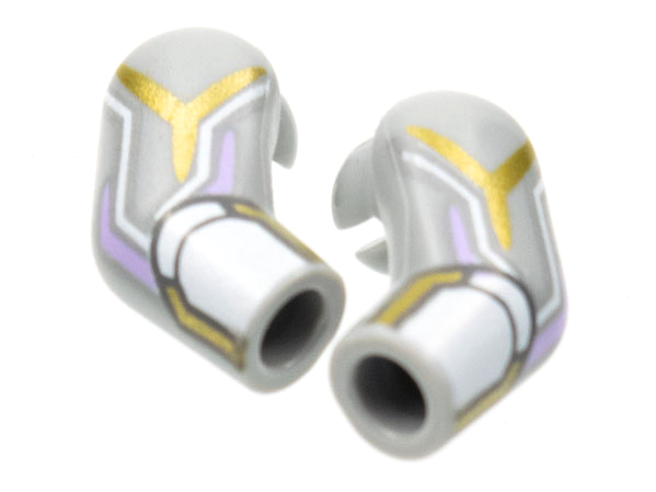 Lego Arm, (Matching Left and Right) Pair with White Cuff, Gold and Lavender Circuitry Pattern / Light Bluish Gray