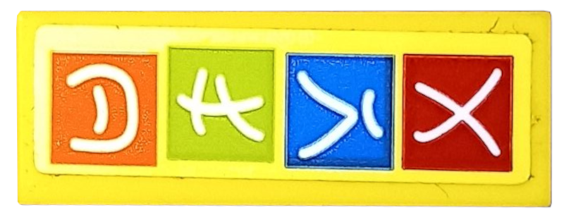 Lego Tile 1 x 3 with White Ninjago Logogram 'ARLO' on Red, Blue, Lime, and Orange Squares Pattern (Sticker) - Set 70607 / Yellow