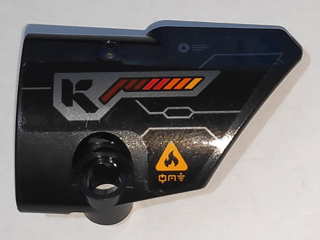 Lego Technic, Panel Fairing # 2 Small Smooth Short, Side B with Bright Light Orange Fire Warning Triangle, Letter K and Boost Lights Pattern (Sticker) - Set 70675 / Black