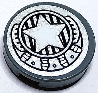 Lego Tile, Round 2 x 2 with Bottom Stud Holder with Silver Engine, Black Grille and White Star in Circle Pattern (Sticker) - Set 70429 / Dark Bluish Gray