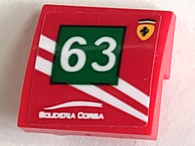 Lego Slope, Curved 2 x 2 x 2/3 with Ferrari Logo, 'SCUDERIA CORSA', White Stripes and Number 63 in Green Square Pattern Model Right Side (Sticker) - Set 75886 / Red