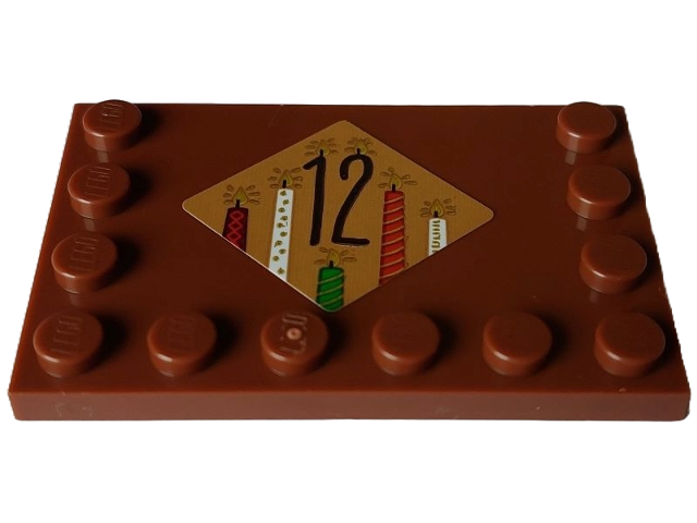 Lego Tile, Modified 4 x 6 with Studs on Edges with Dark Brown Number 12 and Red, White and Green Candles on Medium Nougat Diamond Pattern (Sticker) - Set 4002023 / Reddish Brown