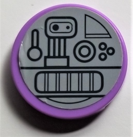 Lego Tile, Round 2 x 2 with Bottom Stud Holder with Black SW Mechanical Parts on Light Bluish Gray Background Pattern (Sticker) - Set 75105 / Medium Lavender
