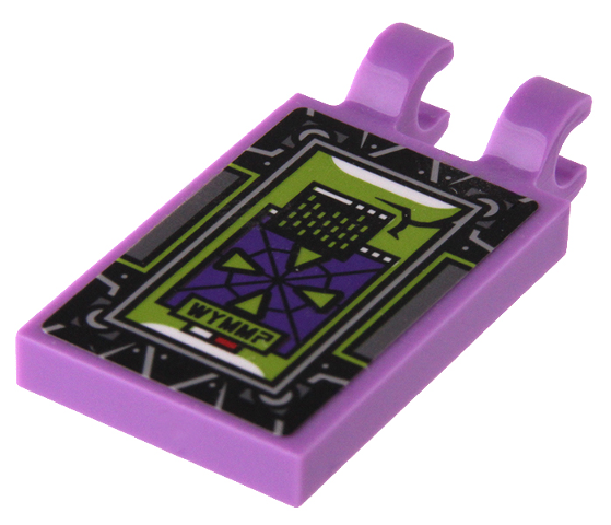Lego Tile, Modified 2 x 3 with 2 Open O Clips with Dark Purple and Lime Head-up Display (HUD) with 'WYMM?' and Silver Spider Web on Black Background Pattern (Sticker) - Set 80022 / Medium Lavender