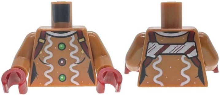 Lego Torso Female Shirt with White Icing, Gingerbread Dots and Collar and Bright Green and Dark Red Candy Buttons, Harness Straps with Candy Cane Stripes and Gold Adjusters Pattern / Medium Nougat Arms / Dark Red Hands