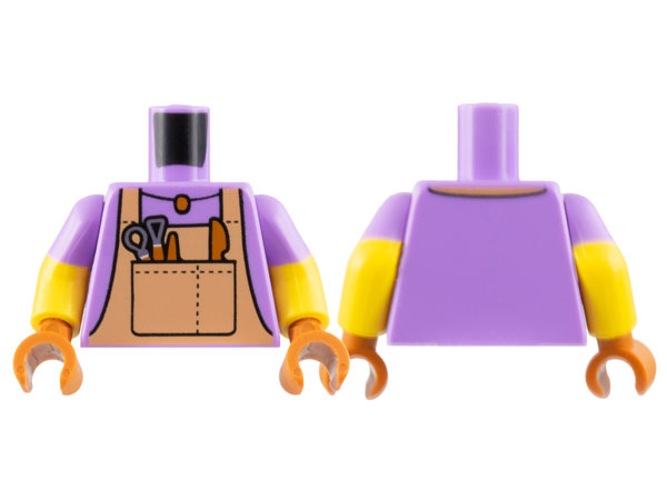 Lego Torso Nougat Overalls, Dark Orange Pendant Necklace and Tools Pattern / Yellow Arms with Molded Medium Lavender Short Sleeves Pattern / Dark Orange Hands