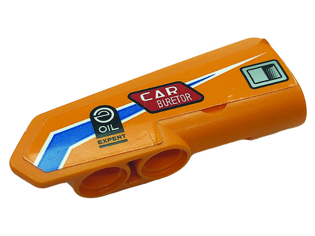 Lego Technic, Panel Fairing #21 Very Small Smooth, Side B with Dark Azure Line, Logos 'OIL EXPERT','CAR BURETOR' and Air Vent Pattern (Sticker) - Set 42104