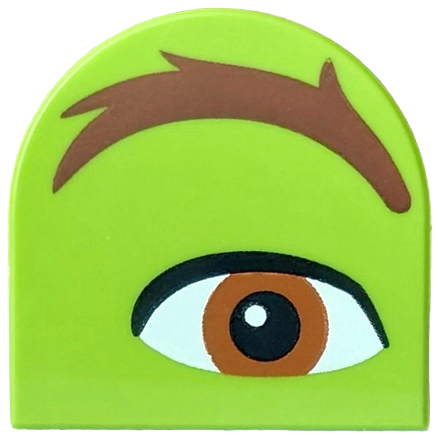 Lego Tile, Round 2 x 2 Half Circle Extended with Reddish Brown Eyebrow, Dark Orange Eye Pattern Model Right Side (Shrek) / Lime