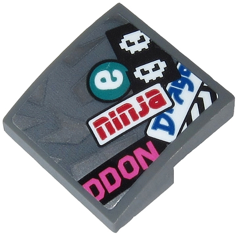 Lego Slope, Curved 2 x 2 x 2/3 with Red 'ninja', Dark Pink 'DDON', Blue 'Drago', White 'e' and White Faces Pattern (Sticker) - Set 71710
