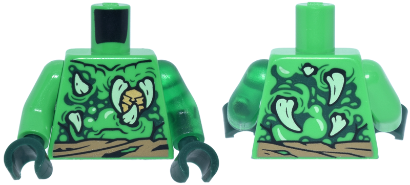 Lego Torso Dark Tan Tattered Belt, Gold Heart, Dark Green Skin Wrinkles, Yellowish Green Barbs Pattern / Trans-Green Arm Left / Bright Green Arm Right / Dark Green Hands