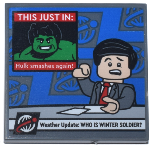 Lego Tile 4 x 4 with TV Newscast with News Anchor, Hulk 'THIS JUST IN:' and 'Weather Update: WHO IS THE WINTER SOLDIER?' Pattern (Sticker) - Set 76269 / Dark Bluish Gray