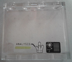 Lego Panel 1 x 4 x 3 with Side Supports - Hollow Studs with Barcode, 'ANALYSIS' and Crystal on Inside Pattern (Sticker) - Set 70163 / Trans-Clear