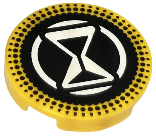 Lego Tile, Round 2 x 2 with Bottom Stud Holder with White Hourglass and Circle on Black Background with Dotted Border Pattern