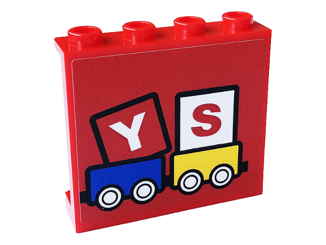 Lego Panel 1 x 4 x 3 with Side Supports - Hollow Studs with 'YS', Blue and Yellow Railroad Cars Pattern (Sticker) - Set 60233 / Red