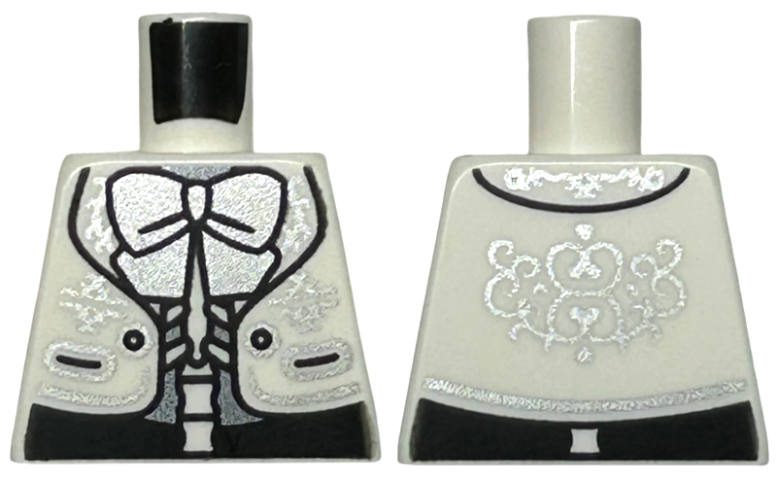 Lego Torso Jacket with Black Buttons, Pockets, Silver Filigree and Bow over Skeleton Torso Pattern / White