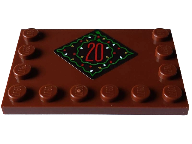 Lego Tile, Modified 4 x 6 with Studs on Edges with Red Number 20 and Green Wire with Gold and White Christmas Lights on Dark Brown Diamond Pattern (Sticker) - Set 4002023