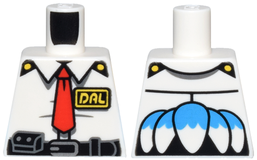 Lego Torso Uniform Shirt, Red Tie, Black and Dark Bluish Gray Belt with Pouch, Silver Buckle, Yellow 'DAL' ID Badge, and Tail Feathers with Dark Azure Top on Back Pattern / White