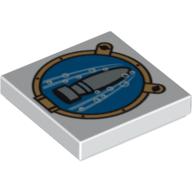 Lego Tile 2 x 2 with Torpedo and Bubbles in Porthole Print / White