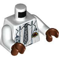 Lego Torso Lab Coat, White Striped Shirt, Light Bluish Grey Tie, ID Tag Print, White Arms, Reddish Brown Hands / White