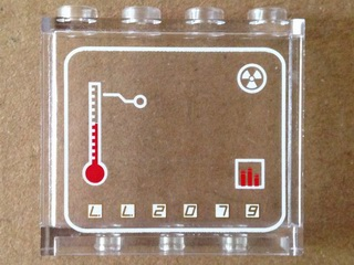 Lego Panel 1 x 4 x 3 with Side Supports - Hollow Studs with Thermometer, Radioactivity Symbol and 'LL2079' in White Squares Pattern (Sticker) - Set 70816 / Trans-Clear